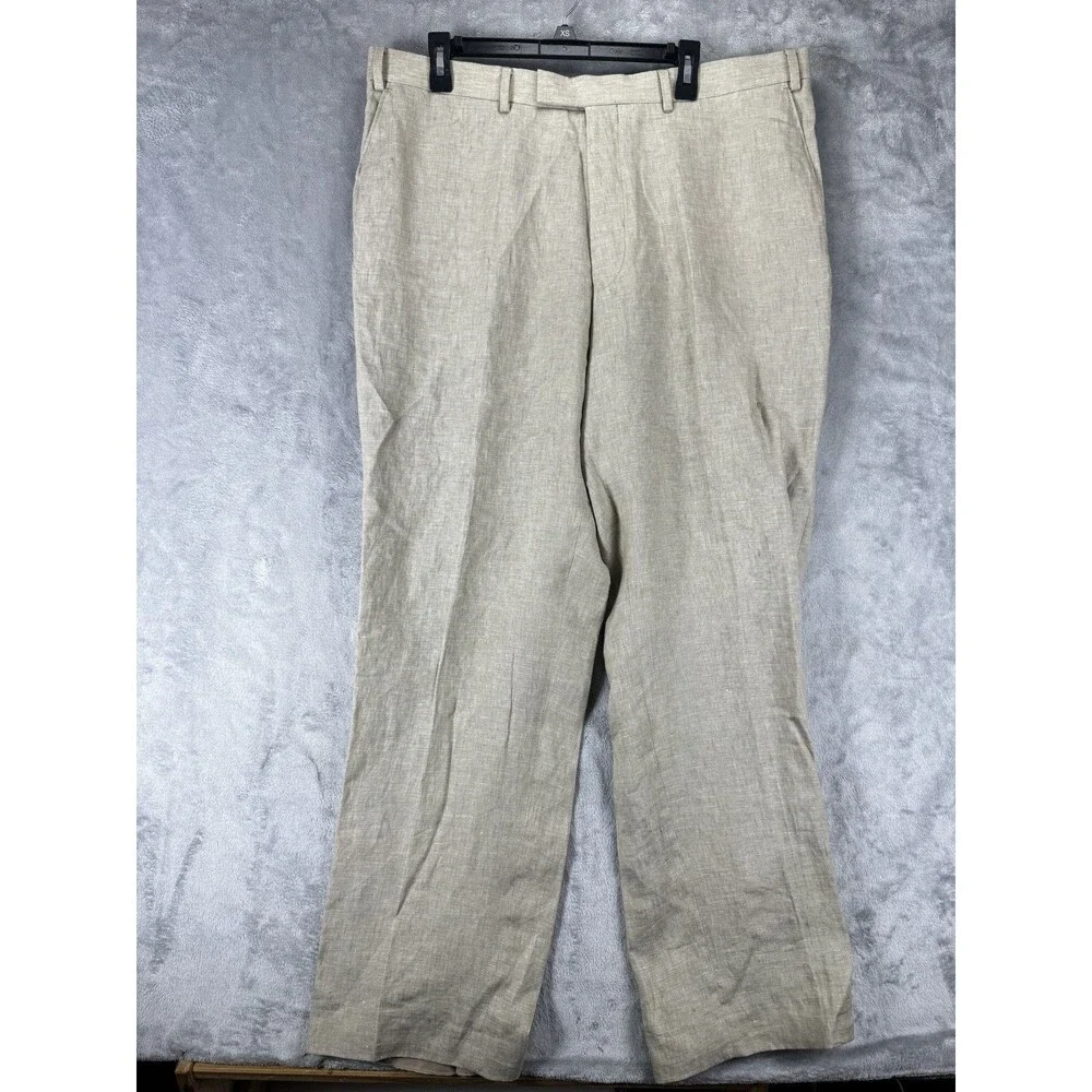 Charles Tyrwhitt Mens Pants 42 Beige Linen Solid Regular Fit Lightweight Pockets